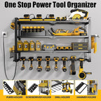 Large Power Tool Organizer Wall Mount with Charging Station, 400lbs Metal Storage Rack with 8 Cordless Drill Holder, 4 Tier Heavy Duty Battery Tool Shelf with 5 Outlet Power Strip for Garage
