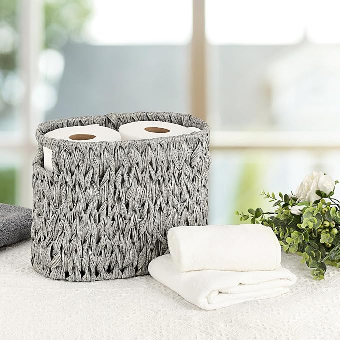 Sumnacon Toilet Paper Storage Basket Freestanding, Wicker Toilet Paper Holder Stand with Handle, Decorative Narrow Bathroom Baskets Sturdy Plastic Organizer Bin for Tissue Rolls, Toiletries, Towels