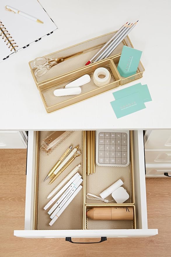 Annova Mesh Stackable Drawer Cabinet and Shelf Organizer Bins Storage Basket School Office Supply Holder Tray- Set of 2 (Gold, 6x15x2 Inch)