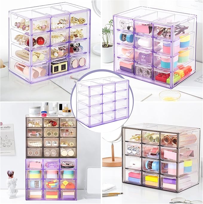 Desk Storage Organizer with 12 Mini Drawers, Clear Desktop Craft Drawer Cabinet, Stackable Storage Box Caddy for Makeup Jewelry Office Craft Supplies (Purple)