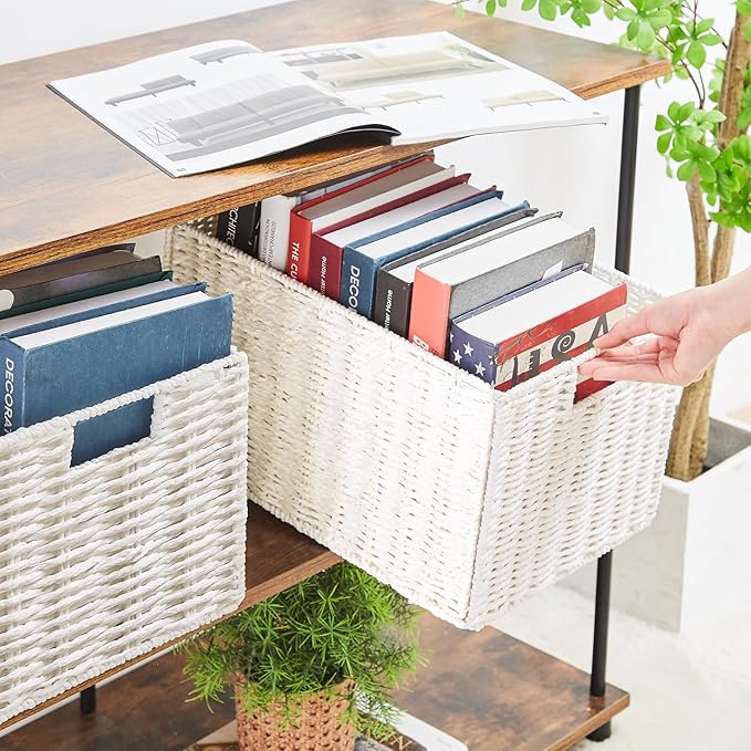 Vagusicc Wicker Storage Basket, Set of 2 Hand-Woven Paper Rope Wicker Basket, Large Storage Baskets for Organizing, Foldable Large Cube Storage Organizer Bins for Shelves (White)