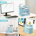 Daltack 6 Tier Paper Organizer for Desk, Paper Letter Tray Organizer for Desks, Mesh Desk File Organizers with Handle for Office, Home, School, Blue