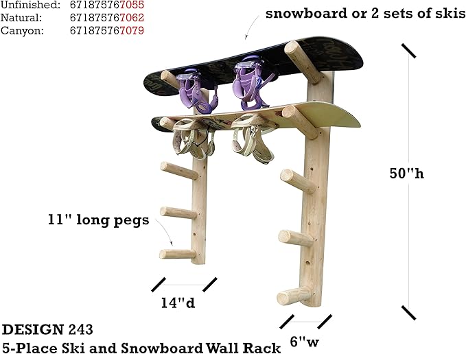 5-Place Wall-Mounted Skis/Snowboard Log Rack - Poles & Ski Wall Mount, Snowboards Wall Rack, Indoor & Outdoor Ski Holders for Walls, Hangers for Skis Indoor Storage - Unfinished