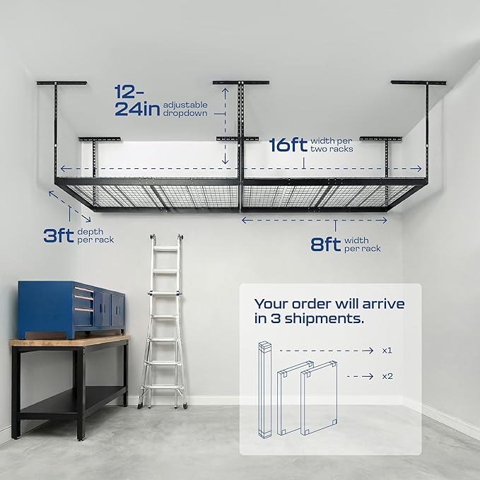 MonsterRax Overhead Garage Storage Racks 3x8’ (2-Pack) Ceiling Mounted Shelving, Adjustable Hanging Organizer, Heavy Duty Steel, Holds 500 Pounds, Color:Hammertone, Adjustable12"-21” from Ceiling