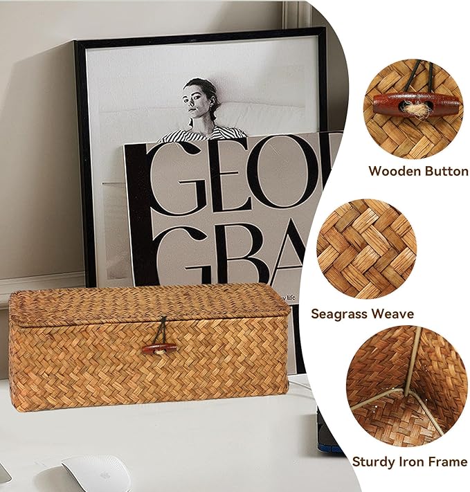 Seagrass Tank Basket with Lid with Rectangular Small Shelf Baskets Bin, Toilet Paper Basket with 3 Sections for Organize,Home Organizer Bin for Shelves Bathroom Closets Kitchen