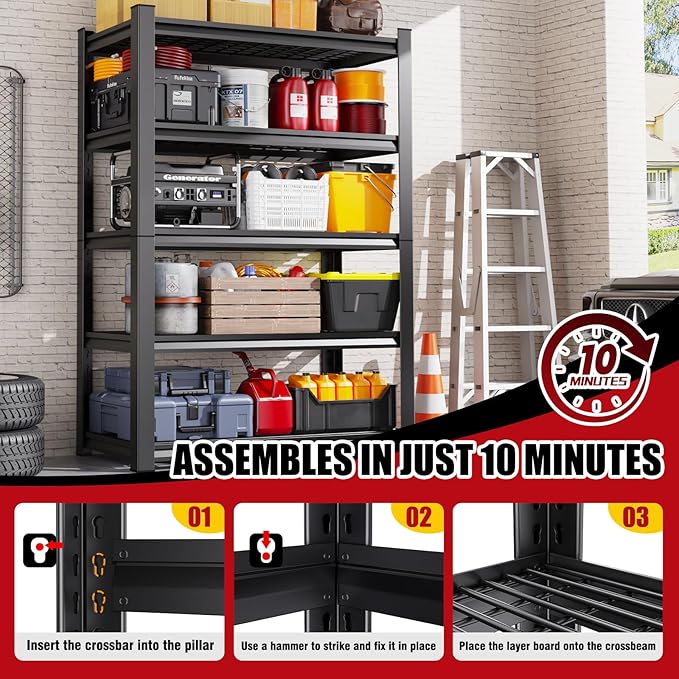 72"Hx59"Wx20"DGarage Shelving-2500 lbs 5 Tier Storage Shelves,Adjustable Heavy Duty Metal Shelving Unit and Storage Large Wire Rack,Utility Steel Shelf for Warehouse Industrial Pantry Basement
