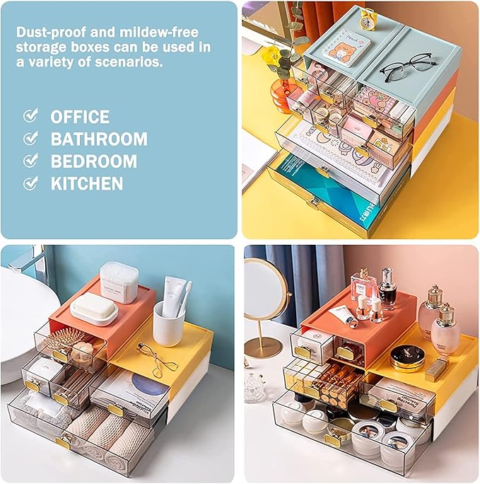 Stackable Desk Organizer with Drawer 13'' Wide Large Desktop Storage Drawer Organizer Clear Plastic Organizer Drawer for Office,Stationery,Cosmetics,Accessories (1 PACK,L-1 Drawer,Cream White)