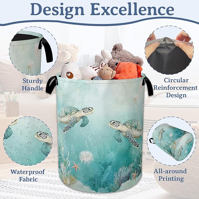 Sea Turtles Laundry Basket,Foldable Oxford Cloth Jellyfish Coral Laundry Hamper with Handles, 20.8"x16" Tote Bag Clothes Storage Bucket for Laundry Room/Bathroom/Bedroom/Dormitories