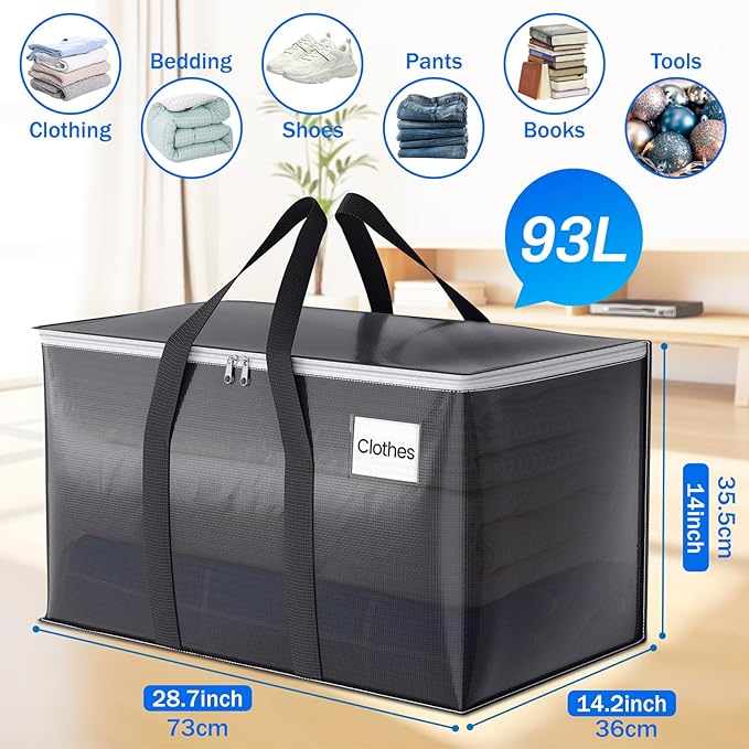 8 Pack Moving Bags Heavy Duty, Moving Boxes, Storage Bags with Zipper & Handles & Tag for College & Dorm Moving Supplies Grey Laundry Hamper Bag, Foldable Space-saving Totes (93L, Grey)