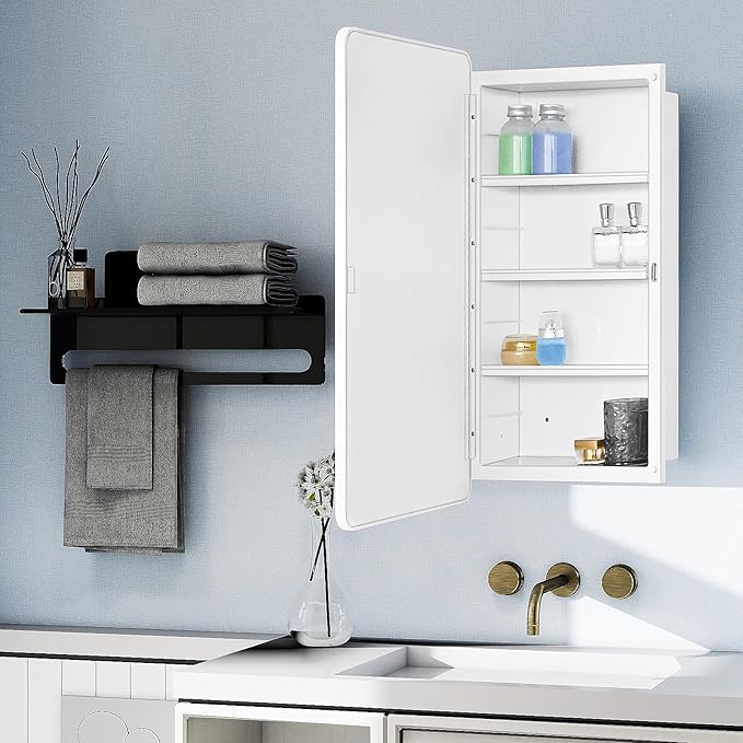 Fundin White Plastic Medicine Cabinet, Mirror Door with Round Corner Metal Frame, Recessed and Surface Mount Bathroom Wall Medicine Cabinet, 16 x 28 inch Mirror Size