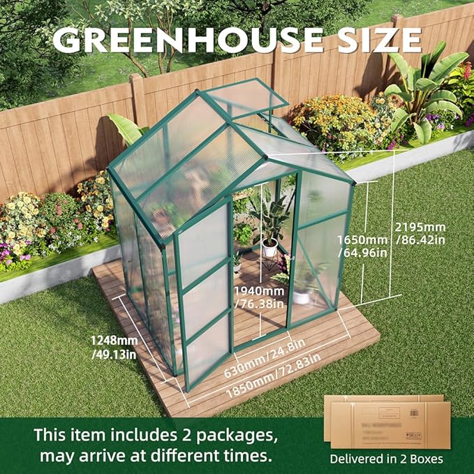Polycarbonate Greenhouse with Rain Gutter and Roof Vent, Raised Base and Anchor Aluminum Heavy Duty Walk-in Green House, Outdoor Patio Sunroom for All Season (Green, 49.13*72.83*86.42in)