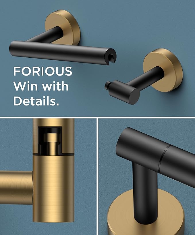FORIOUS Toilet Paper Holder Wall Mount, Stainless Steel Rustproof Double Post Pivoting Tissue Roll Holder for Bathroom, Commercial Toilet Paper Dispenser, Matte Black & Brushed Gold