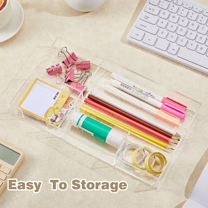 2 Pcs Clear Acrylic Desk Drawer Organizer 11 x 6 x 1.38 Inch Drawer Organizer Trays with 6 Compartments Desk Accessories for Office Makeup Silverware Bathroom