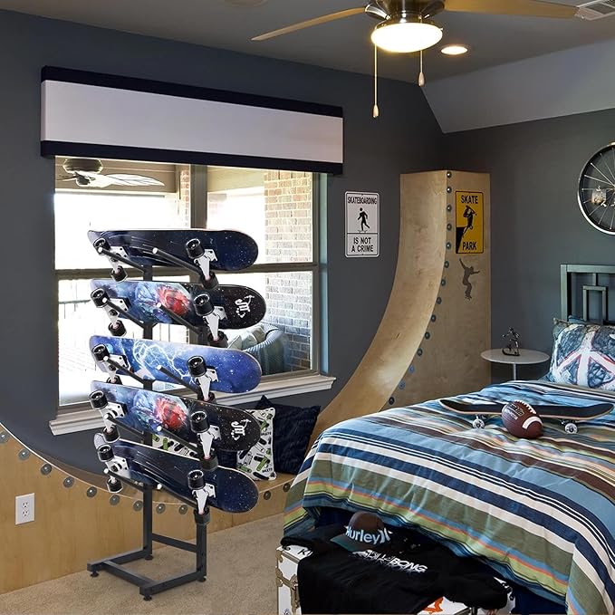 5 Tier Fr.eestanding Skateboard Rack Single-Sided Heavy Duty Skate Board Display Hanger Rack, hold 5 Storage Long.board Deck Organizer, for All-Mountain, Wide, Powder, back-country Skis (50x30x110cm)