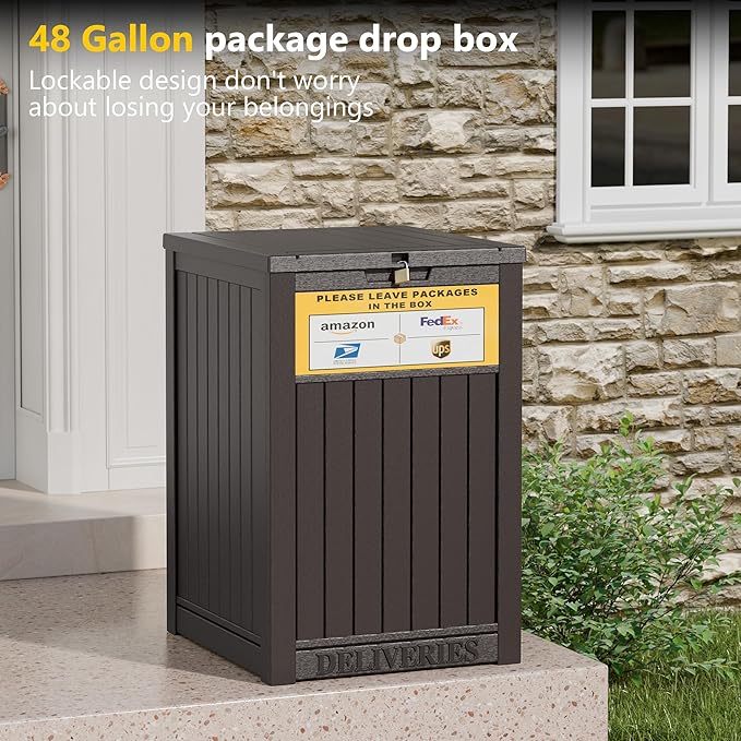 Package Delivery Box for Outside with Sign, 48 Gallon Storage with Lockable Secure, Large Double Wall Resin Outdoor Package Delivery Waterproof