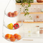 3 Tier Fruit Bowl Fruit Basket for Kitchen, Hanging Kitchen Storage Organizer, Detachable Design Chrome Wire with Metal Ceiling Hook Multipurpose Countertop Organizer for Vegetables Fruits Plants