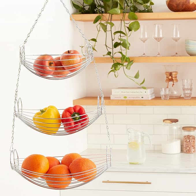 3 Tier Fruit Bowl Fruit Basket for Kitchen, Hanging Kitchen Storage Organizer, Detachable Design Chrome Wire with Metal Ceiling Hook Multipurpose Countertop Organizer for Vegetables Fruits Plants