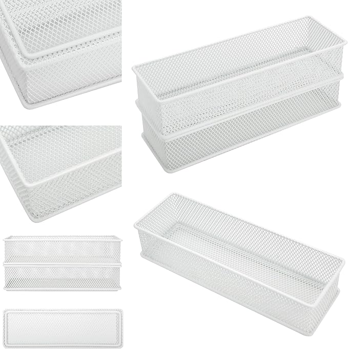 Annova Mesh Stackable Drawer Cabinet and Shelf Organizer Bins Storage Basket School Office Supply Holder Tray- Set of 2 (White, 3x9x2 Inch)