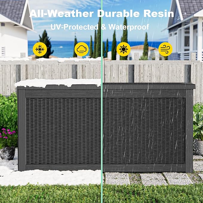 320 Gallon Resin Deck Box, Lockable Weatherproof Outdoor Storage Box for Furniture, Garden Tools and Tools Storage, Waterproof Outside Storage Boxes - Black