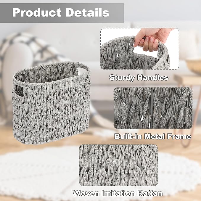 Sumnacon Toilet Paper Storage Basket Freestanding, Wicker Toilet Paper Holder Stand with Handle, Decorative Narrow Bathroom Baskets Sturdy Plastic Organizer Bin for Tissue Rolls, Toiletries, Towels