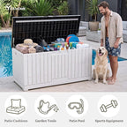 YITAHOME 120 Gallon Large Deck Box, Resin Outdoor Storage Box w/Lockable Black Lid for Outdoor Pillows, Garden Tools and Pool Supplies, Waterproof, Lockable, Grayish-White