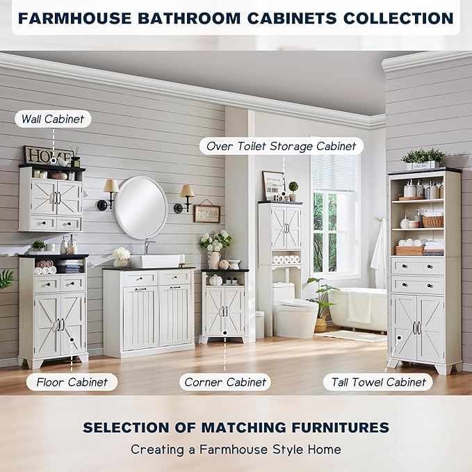 ACCOHOHO Corner Bathroom Cabinet, Farmhouse Small Corner Cabinet with Barn Door & Adjustable Shelf, Storage Cabinets for Bathroom, Kitchen, Living Room, Off White