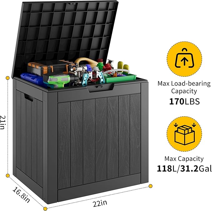 31 Gallon Outdoor Storage Box, Resin Deck Boxes Outdoor Waterproof For Patio Furniture, Garden Tools, Pool Supplies, Lockable And UV Resistant (Striped Black)