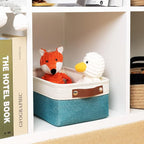 DULLEMELO Small Collapsible Fabric Basket for Organizing, Shelves, Closets, Laundry, Nursery, Decorative Gift Basket (White & Teal)