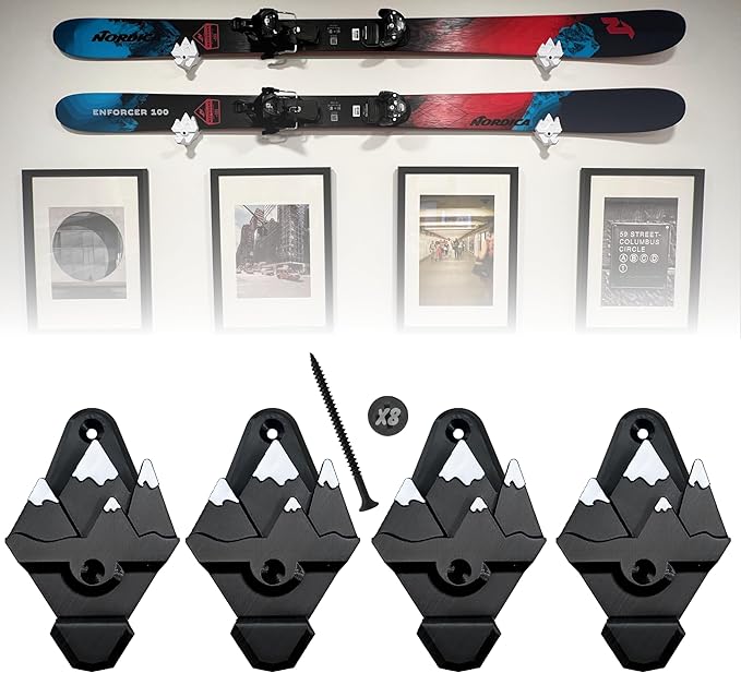 Snow Ski Wall Rack with Hooks – Extra-Wide Mounts for All Skis – Mountain Design (Black & White) – Wall-Mounted Ski Storage, Organizer & Display Decor