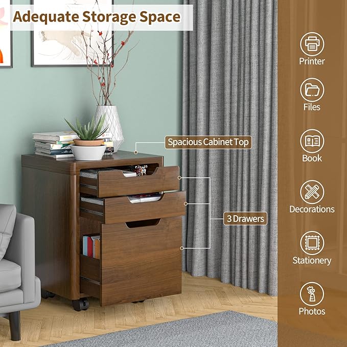 Giantex 3 Drawer Mobile File Cabinet Rolling Cabinets Filler with Lockable Casters, Vertical Deep Storage Filing Cabinet for Home & Office Printer Stand