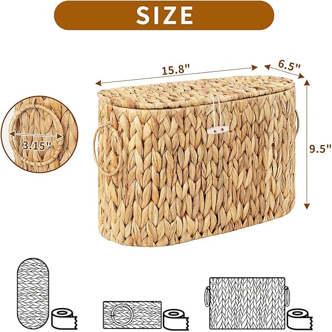 Toilet Paper Storage Basket with Lid, Water Hyacinth Slim Toilet Paper Holder - Holds Up to 6 Mega Rolls, Wicker Basket for Bathroom Organization, Natural