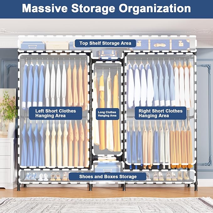 Ulif E12C Pro Heavy Duty Closet Organizer System，Freestanding Clothing Rack, Adjustable Garment Rack 71" W x 16" D x 76.5" H Holds 960 lbs, Black Rack with Black Dustproof Cover