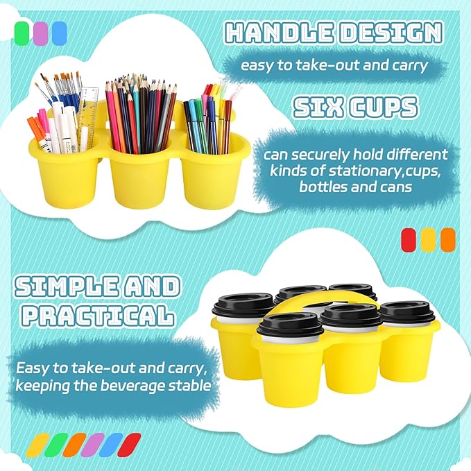 6 Pack Classroom Caddy Organizer with Handle, Plastic Art Caddy, Drink Cup Caddies Holder, 6 Compartments for Desk, Table, Office, Crafts, Crayon, Marker, Pencil, School Supplies (12 x 9 x 3.5 Inch)
