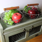 CVHOMEDECO. Chicken Wire Egg Baskets Rust Gathering Baskets with Wooden Handle Country Vintage Style Storage Baskets. Set of 2 (Round)