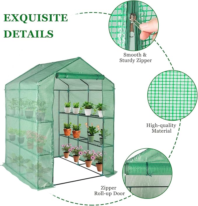 57 x 57 x 74'' Greenhouses for Outdoors, Durable Green House Kit with Window, Thicken PE Cover, 3 Tiers 8 Shelves, Heavy Duty Walk in Green Houses for Indoor Backyard Outside