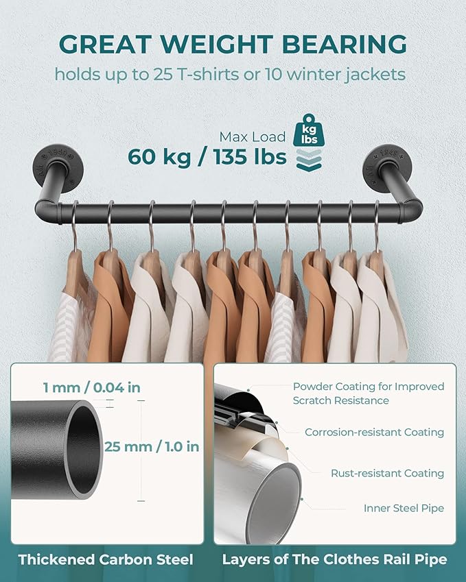 OROPY Industrial Pipe Clothes Rack 21.2” Set of 2, Heavy Duty Wall Mounted Black Iron Garment Bar, Multi-Purpose Clothing Hanging Rod for Laundry Room and Closet Storage