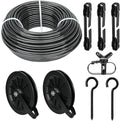 Outdoor Clothesline Kit, 150ft Black PVC Coated Galvanized Clothes Line Pulley Kit with 6.3" Clothesline Pulley, M8 Metal Hooks, 3Pcs Separator, Outdoor Clothes Line Heavy Duty