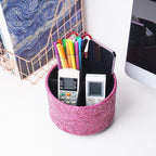 lizimandu Round Leather Art Supply Organizer,Remote Control Holder,360 Degree Spinning,Multi-Functional Pencil Holder,4 Compartments Desktop Stationary Organizer(1-Carved Red2)