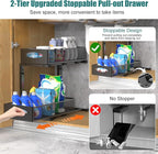 Housolution 2 Pack Under Sink Organizer, 2 Tier Metal Pull Out Under Sink Storage with Sliding Mesh Drawers, Height Adjustable Slide Out Under Sink Organizer for Kitchen Bathroom Cabinet, Black
