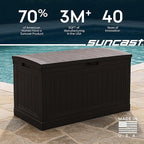 Suncast 80-Gal. Resin Large Outdoor Patio Deck Box with Pad-Lockable Lid, Modern Outdoor Patio Bench/Storage Box for Cushions, Garden Tools, and More, Java