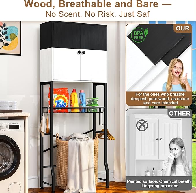 Over-The-Toilet Storage Rack, 4-Tier Bathroom Organizer Shelf Over Toilet with Barn Doors Cabinet and Basket, Freestanding Space Saver Bathroom Shelves with Paper Holder Above Toilet (Black & White)