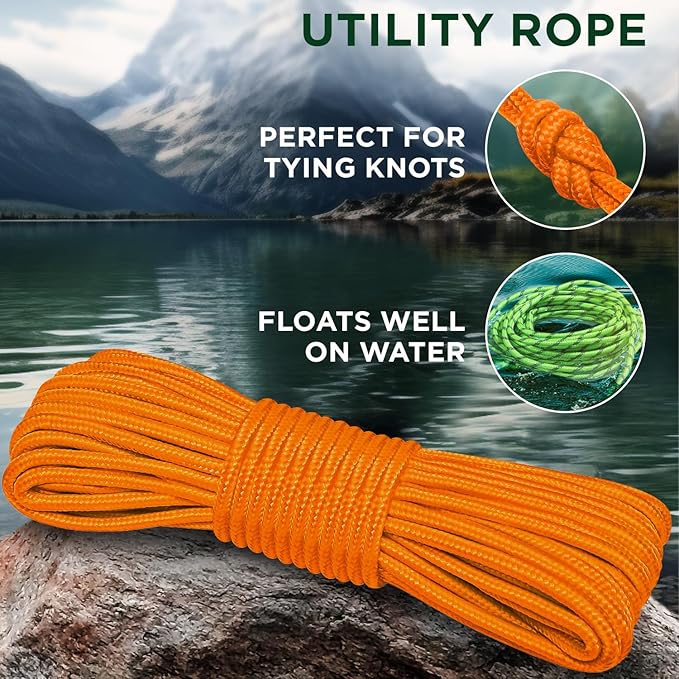 TECEUM Rope – 90 Feet x 1/4 Inch (7mm) – Orange Yellow – Strong All-Purpose Utility Rope – Camping, Crafting, Flag Pole, Indoor & Outdoor – Polypropylene Nylon Poly Lightweight Diamond Braided Cord