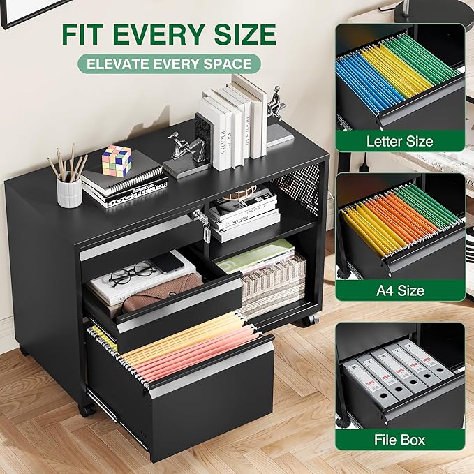 3 Drawer File Cabinet with Lock,Mobile Lateral Filing Cabinet with Side Hook for Letters/Legal/A4, Metal Printer Stand Storage Cabinets with Shelves for Home Office(Black)