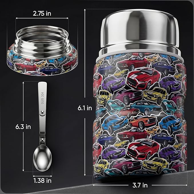 Earth&ME 17 OZ Soup Thermo for Hot & Cold Food for Kids, Vacuum Insulated Steel Lunch Container, Kids Wide Mouth Bento Thermal Food Jar, Warm Food Lunchbox Thermo Bowls with Spoon (Cars)