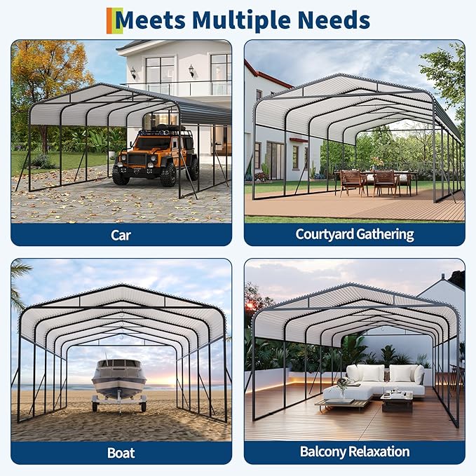 PeakPursuit Metal Carport, 13x26 FT Outdoor Car Port Canopy with Galvanized Steel Roof and Reinforced Base, Heavy Duty Garage Car Shelter Shade for SUV, Truck, Boats