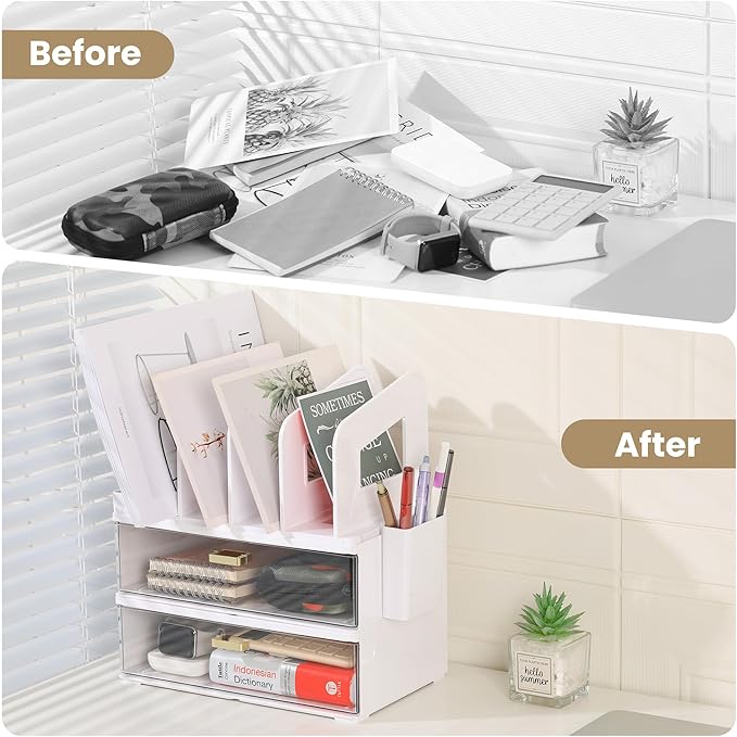 Acrylic Desk Organizer with Drawer and Vertical File Holder, Desk Organizers and Accessories, Multi-Functional Office Supplies Organizer for Home or Work Desk, White