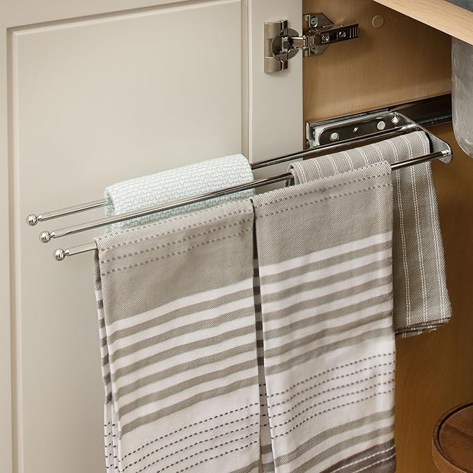 Rev-A-Shelf Under Sink Hand Towel Holder for Kitchen and Bathroom Cabinets, Pullout Extension 3 Prong Wire Dish Rag Rack Hanger, Chrome, 563-47 C