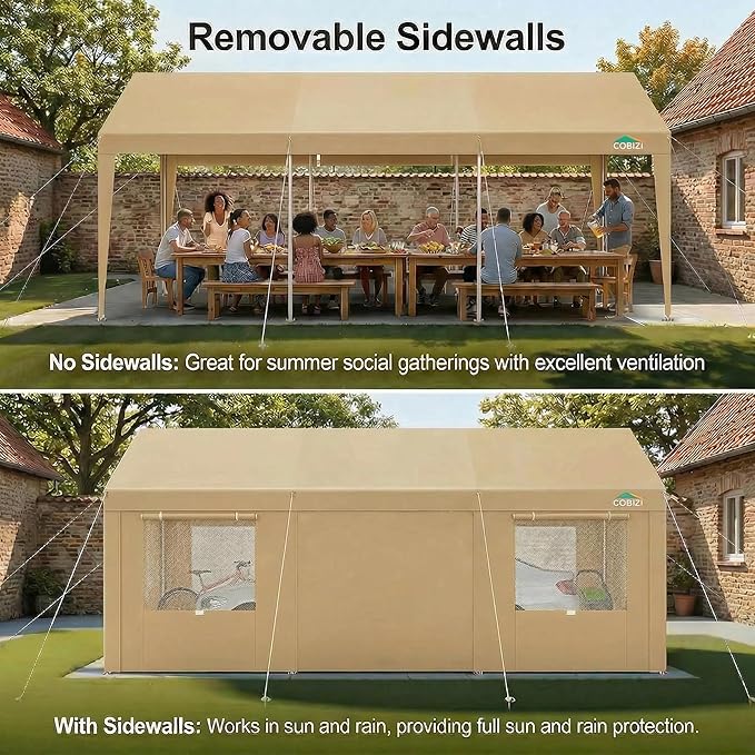 COBIZI 10x20 FT Heavy Duty Carport with Galvanized Frame, Carport Canopy with Roll-up Windows, Storage Tent with Removable Sidewalls & Doors, Built-in Sandbags for Car Boat Truck, Khaki
