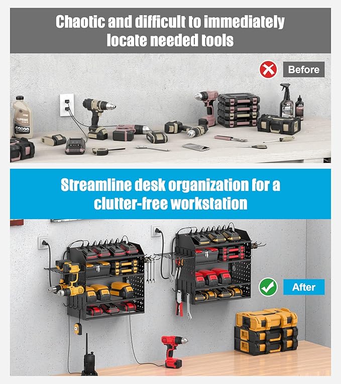 CCCEI Modular Desk Power Tools Organizer with Charging Station, 4 Layer Drills Battery Storage Wall Mount, Garage Shop Organization, Anniversary, Birthday, Gifts for Men, Father, Black, 6FT Cord.
