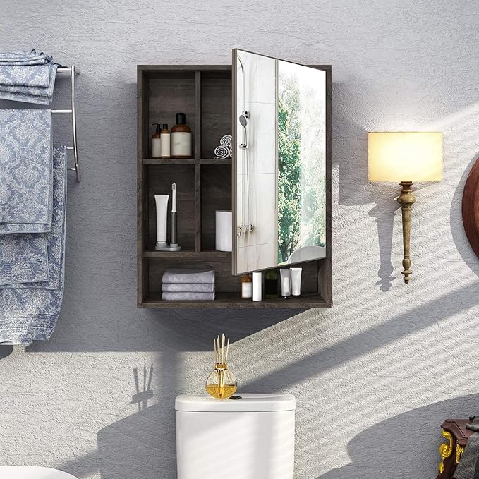 ChooChoo Bathroom Wall Mirror Cabinet, Medicine Cabinet with Single Door and Adjustable Shelf, Over The Toilet Space Saver Storage Cabinet, Grey